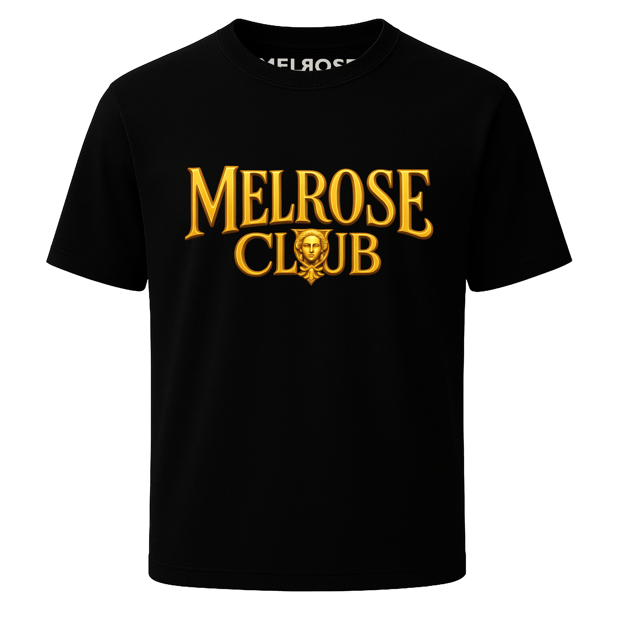 Melrose Club black t-shirt featuring a regal emblem graphic tee design in vibrant gold