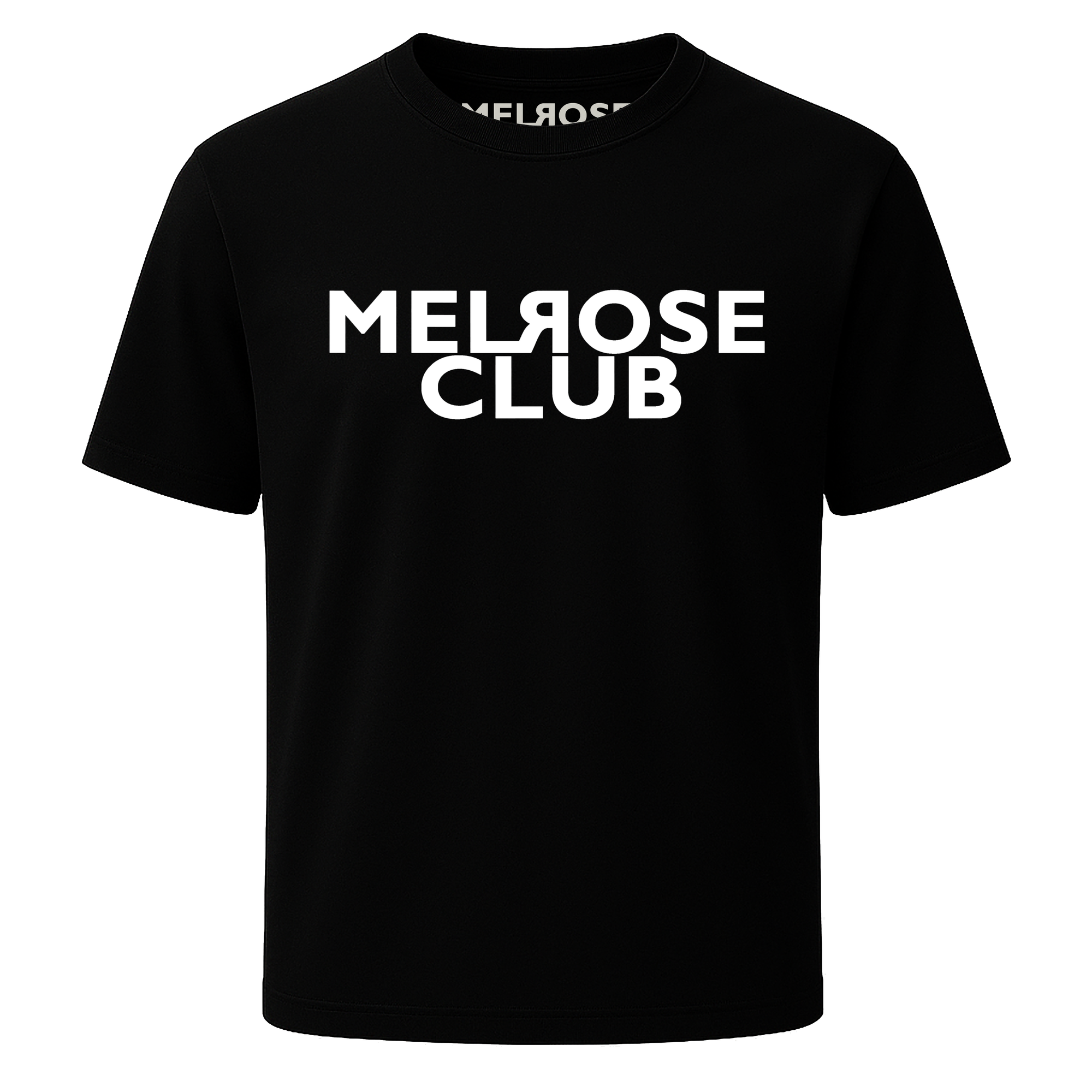 Melrose Club signature tee black with bold white logo print on front in classic crew neck design