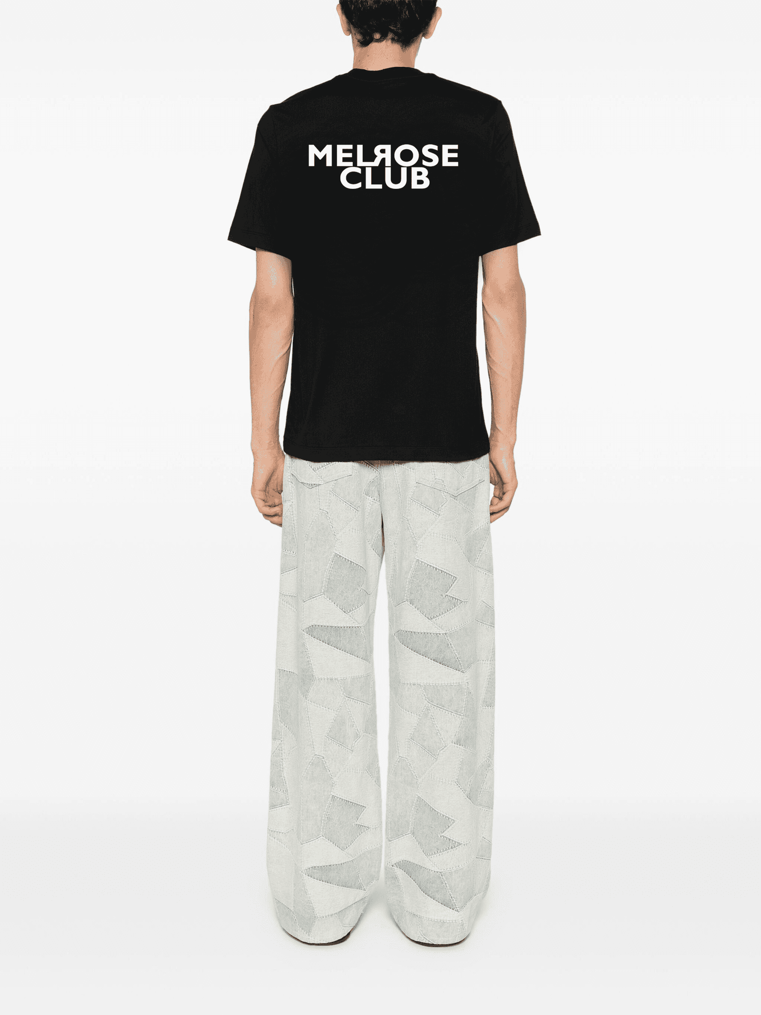 Back view of black Iconic monogram streetwear tee front & back print by Melrose Club