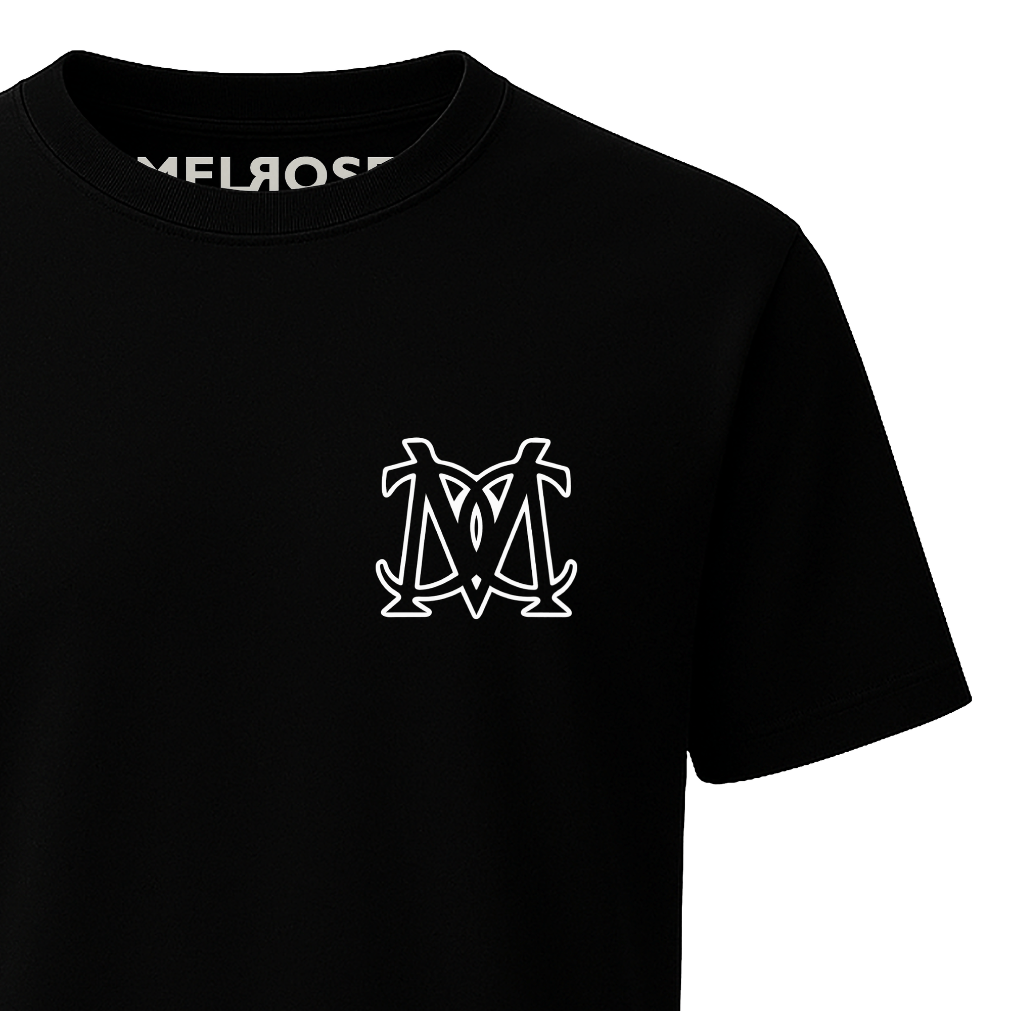 Melrose Club black Iconic monogram streetwear tee front & back print in a stylish design