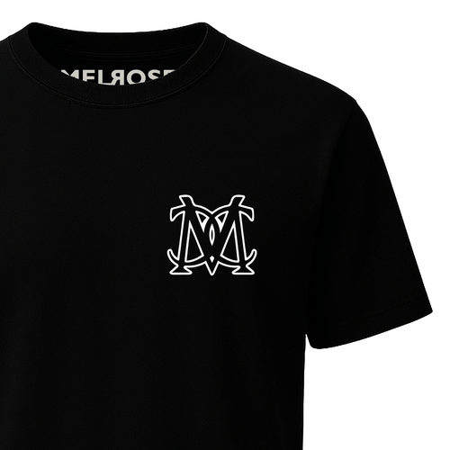 Melrose Club black Iconic monogram streetwear tee front & back print in a stylish design