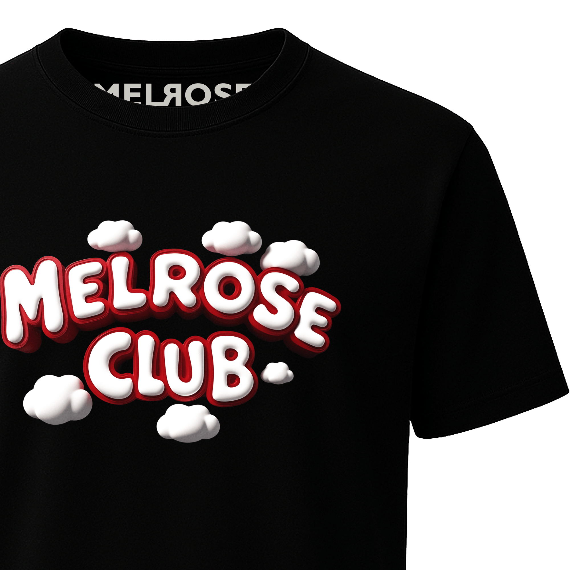 Black Melrose Club cloud pop t-shirt with white and red 3D cloud style lettering on front