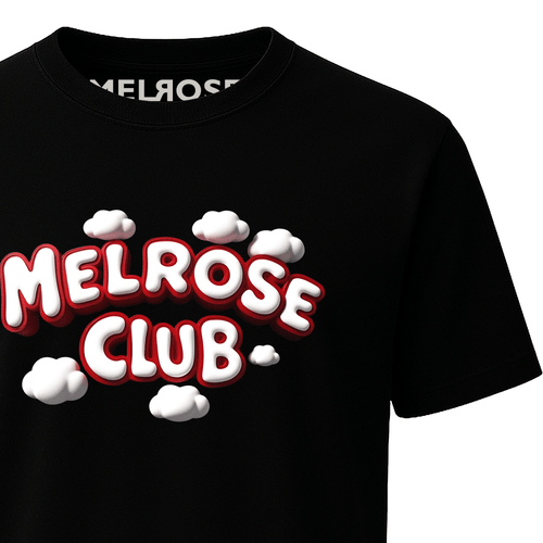 Black Melrose Club cloud pop t-shirt with white and red 3D cloud style lettering on front