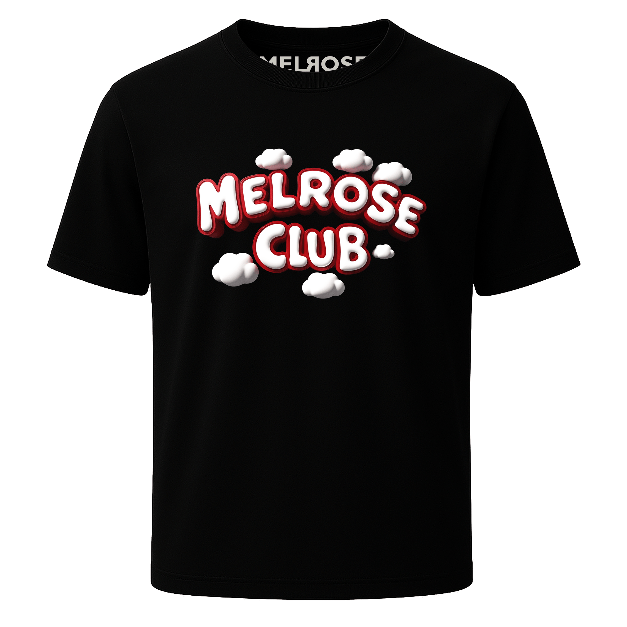 Black Melrose Club cloud pop t-shirt with white and red bubble letters and small cloud graphics