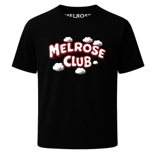 Black Melrose Club cloud pop t-shirt with white and red bubble letters and small cloud graphics