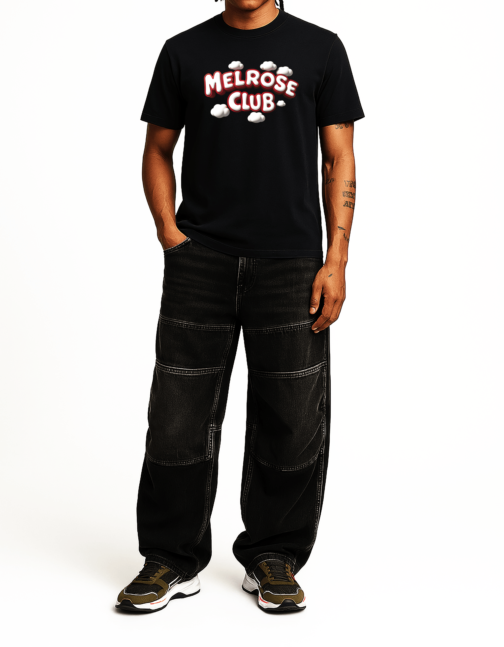 Melrose Club black cloud pop t-shirt with red and white logo worn with black jeans