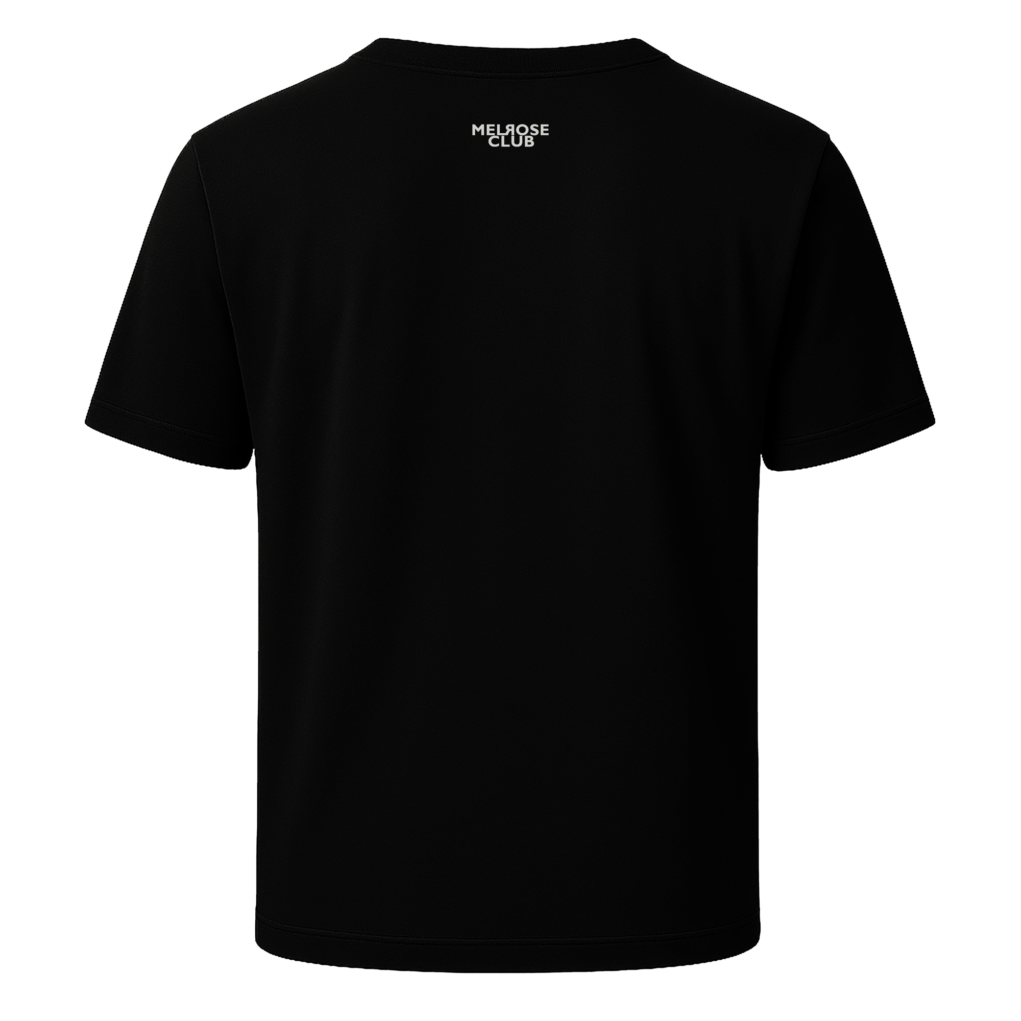 Back view of Melrose Club art series tee in black with logo on the neckline