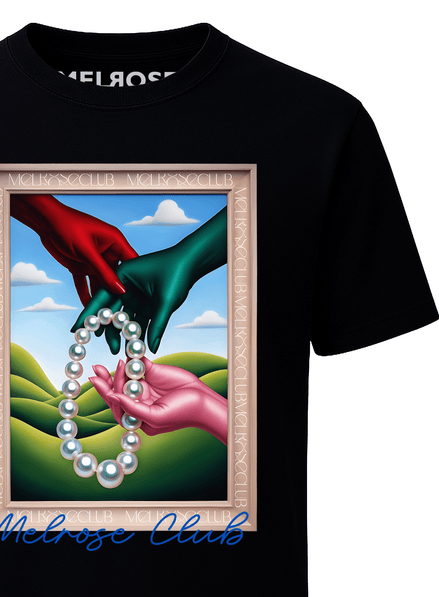 Melrose Club art series tee featuring colorful hands holding a pearl necklace against a scenic backdrop