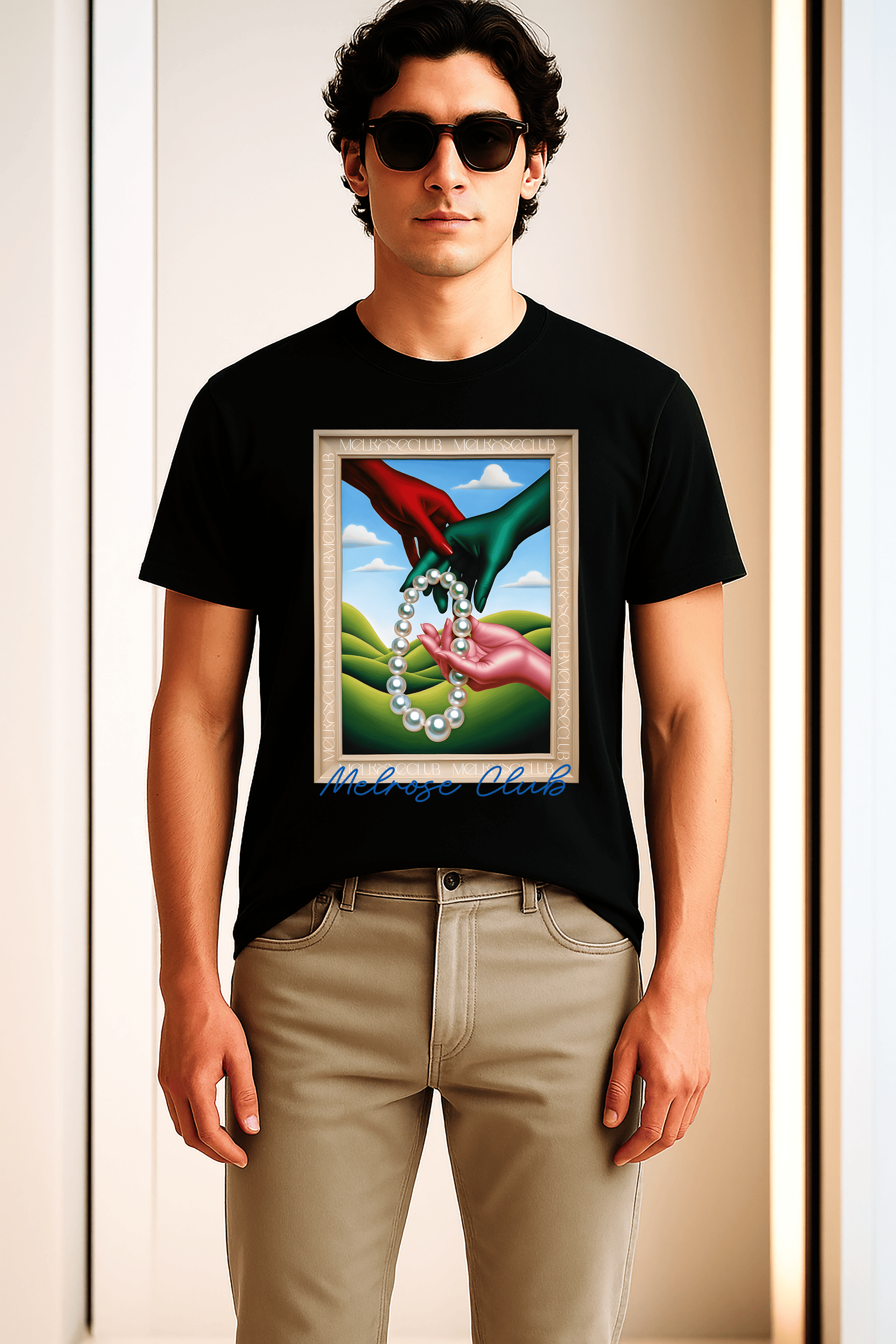 Melrose Club art series tee featuring vibrant hand graphics and a pearl necklace design