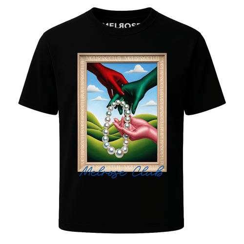 Melrose Club art series tee featuring hands exchanging pearls in a framed design