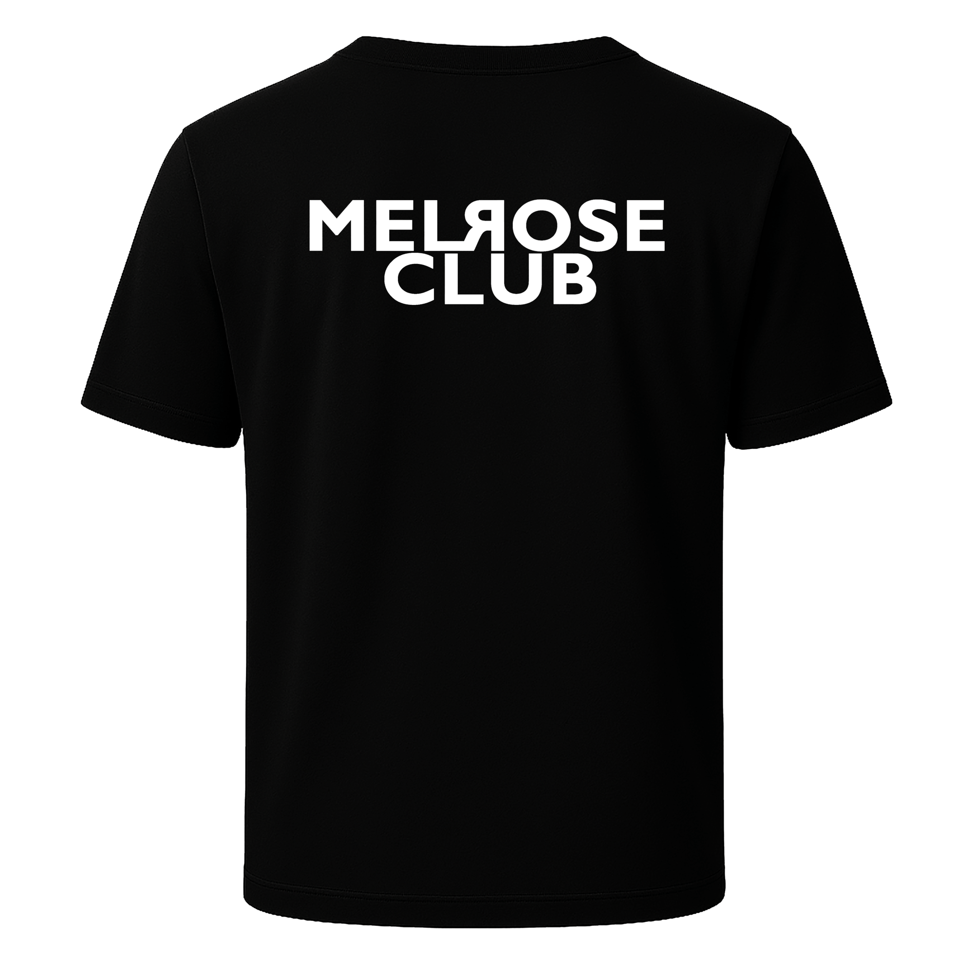 Black Iconic monogram streetwear tee front & back print featuring Melrose Club branding