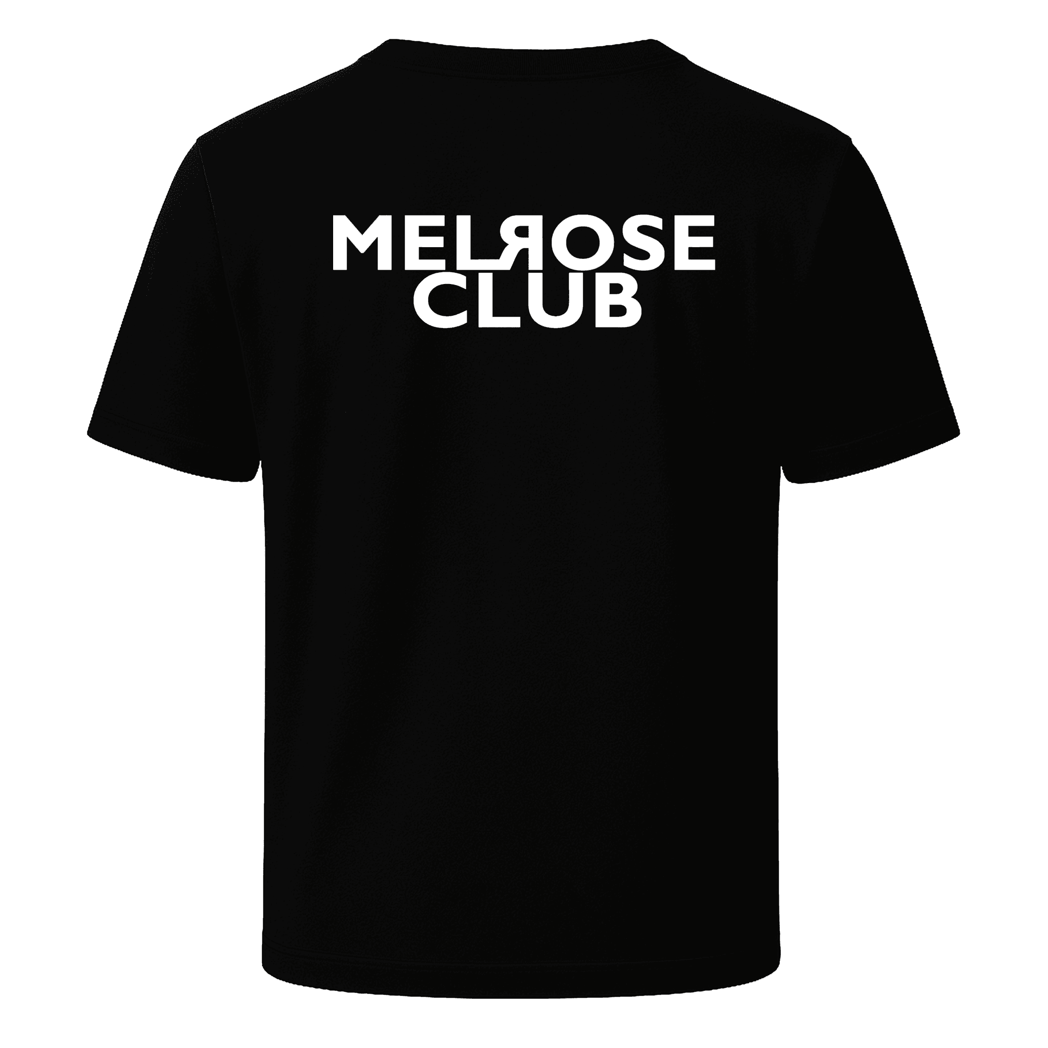Black Iconic monogram streetwear tee front & back print featuring Melrose Club branding