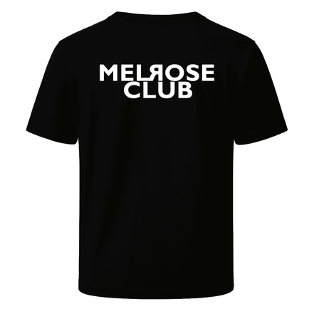Black Iconic monogram streetwear tee front & back print featuring Melrose Club branding