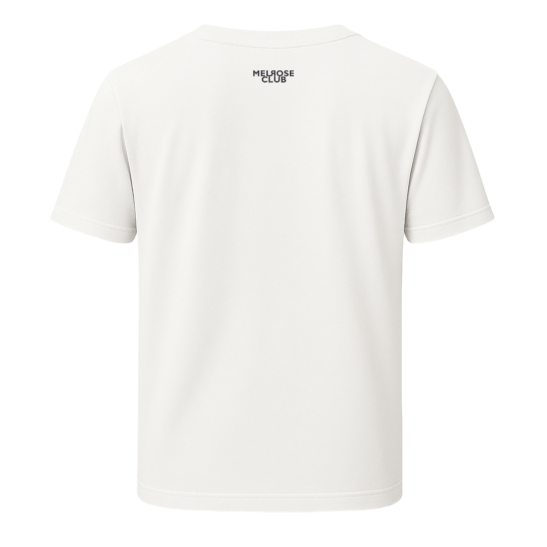 Back view of Melrose Club white black swan graphic tee with short sleeves and logo print