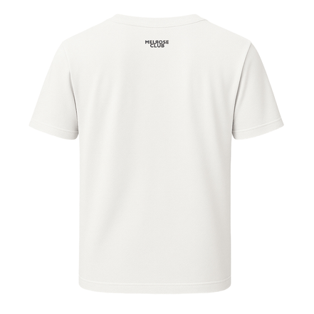 Back view of Melrose Club white black swan graphic tee with short sleeves and logo print