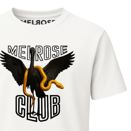 Melrose Club white t-shirt featuring a black swan graphic tee with a yellow snake and bold text