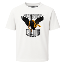 Melrose Club white black swan graphic tee with black swan and yellow snake design on front