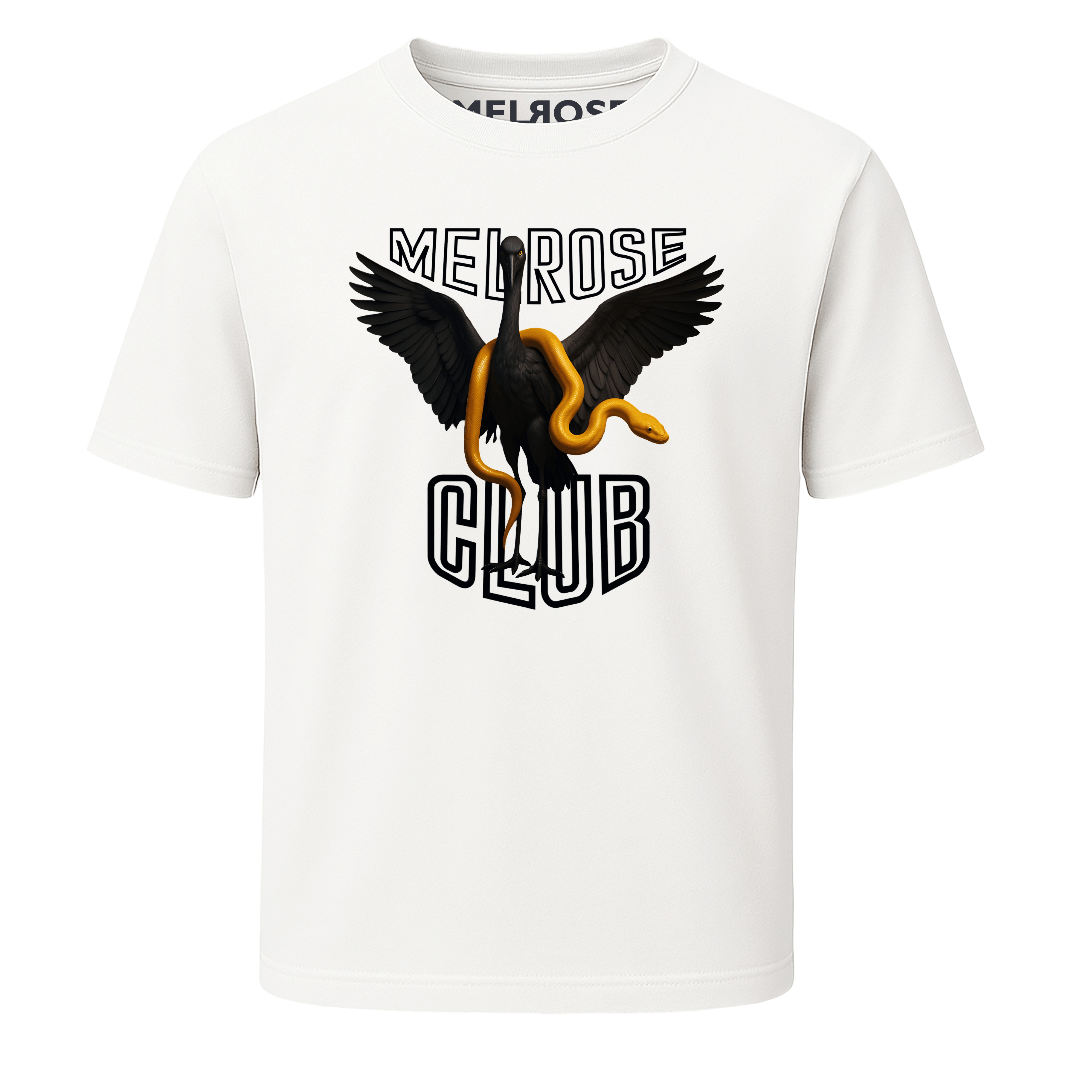 Melrose Club white black swan graphic tee with black swan and yellow snake design on front