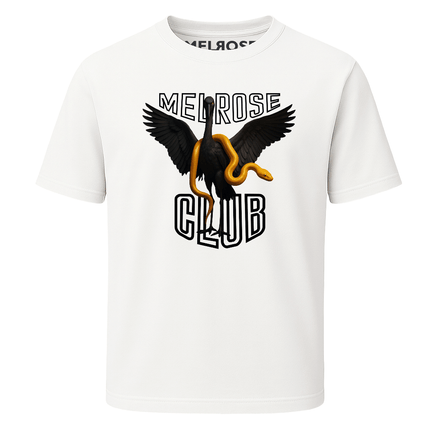 Melrose Club white black swan graphic tee with black swan and yellow snake design on front