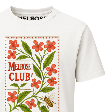 Melrose Club garden bloom print t-shirt featuring floral design and bee graphic