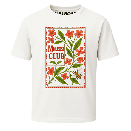 Melrose Club garden bloom print t-shirt featuring floral design and bee illustration