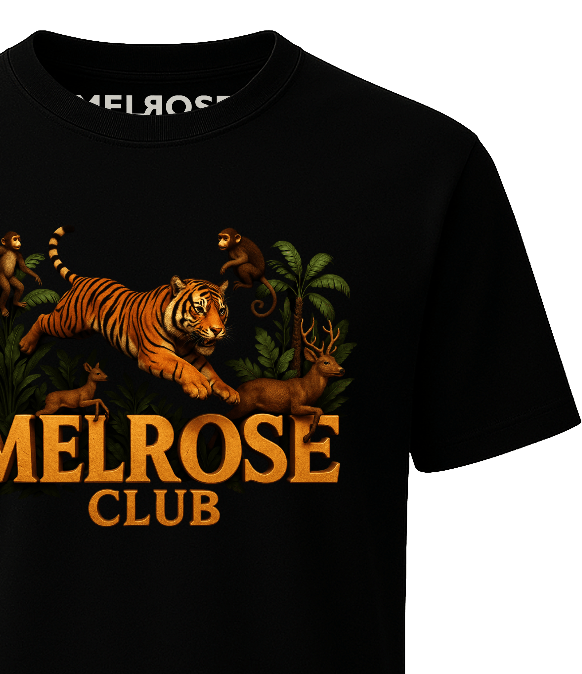 Melrose Club jungle hunt back print tee featuring a tiger and playful animals on a black shirt