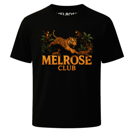 Melrose Club jungle hunt back print tee featuring a tiger and jungle design on a black T-shirt