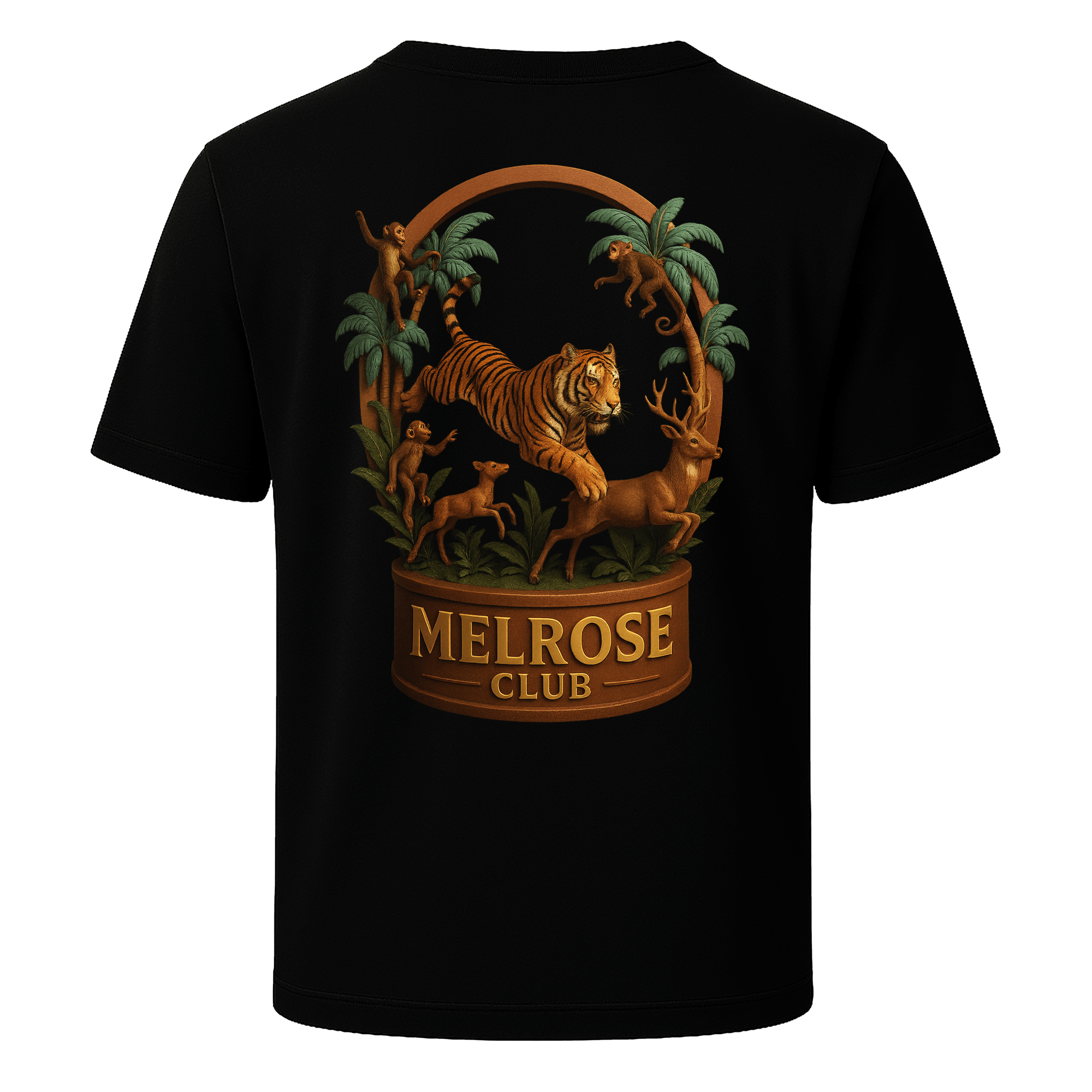 Melrose Club jungle hunt back print tee featuring a tiger and deer design on a black t-shirt