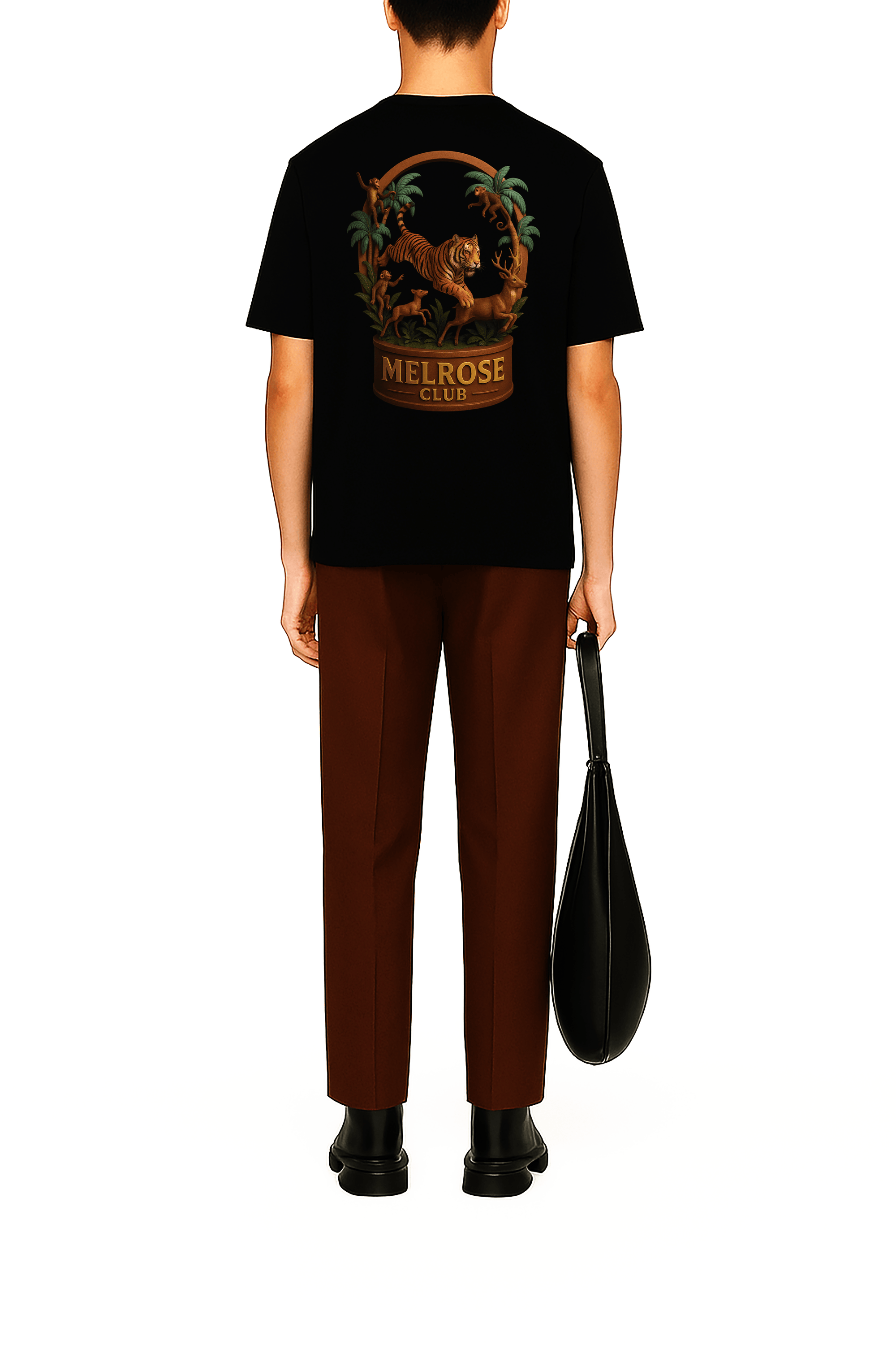 Melrose Club jungle hunt back print tee featuring a colorful graphic and relaxed fit for casual wear
