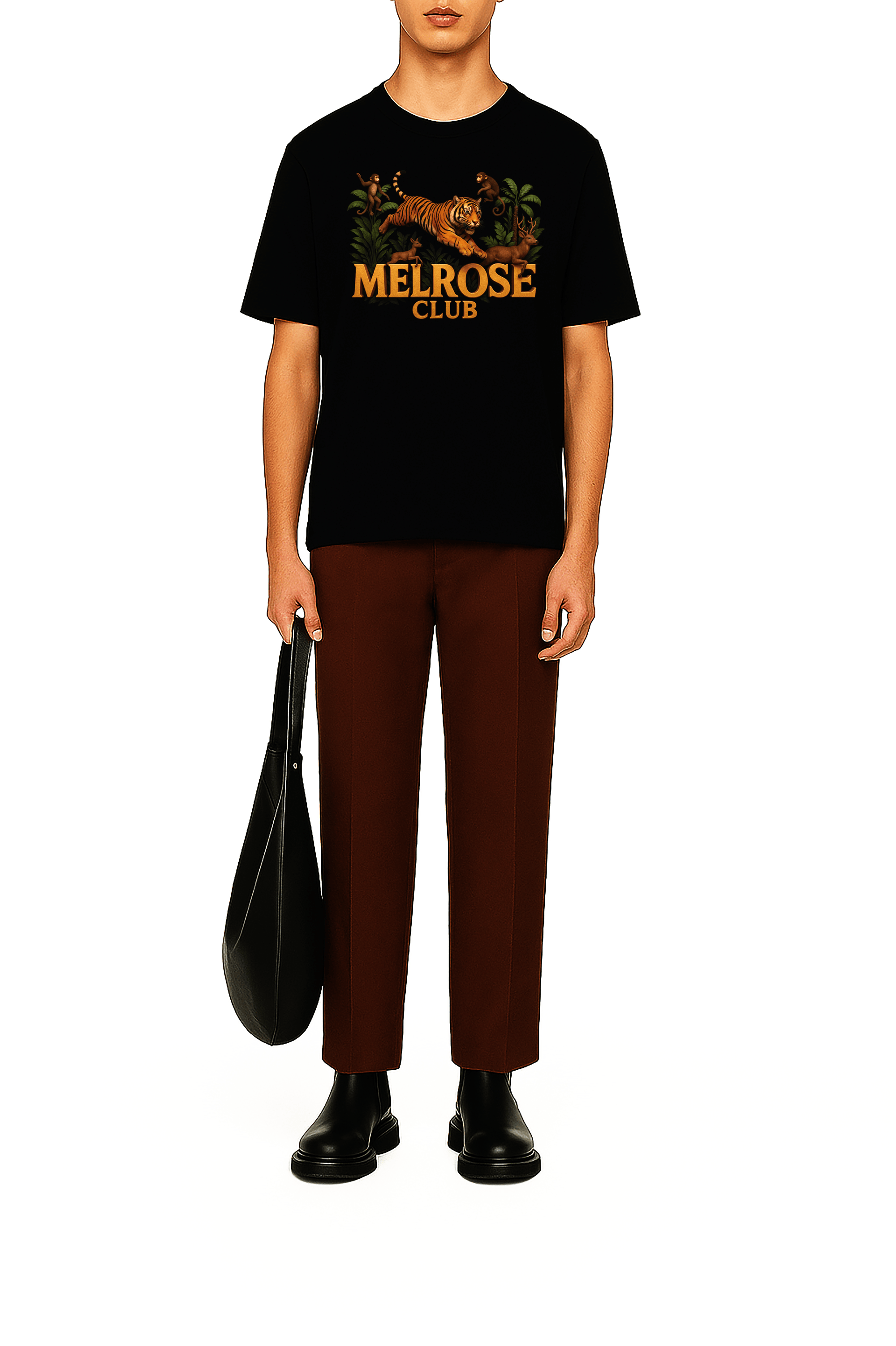 Melrose Club jungle hunt back print tee in black, featuring vibrant tiger and jungle graphics
