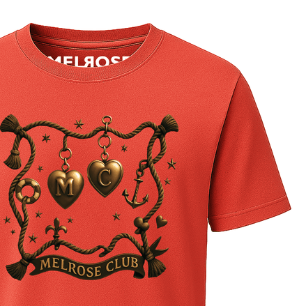 Melrose Club nautical heart graphic tee in red featuring anchor and heart design