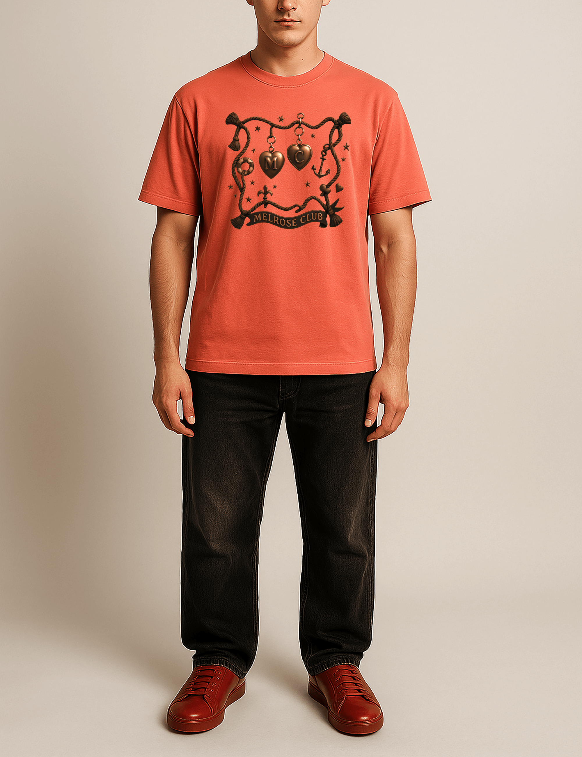 Melrose Club Nautical Heart Graphic Tee in Coral with Intricate Design for Casual Style