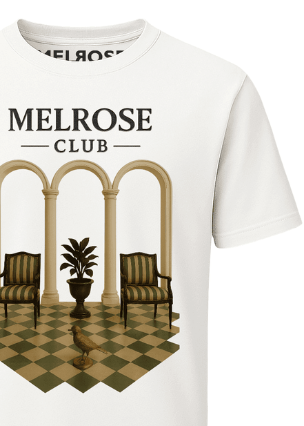 Palace Lobby vintage heritage tee by Melrose Club featuring an elegant indoor scene with chairs and a plant