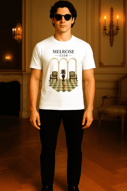 Melrose Club Palace Lobby vintage heritage tee featuring a classic design on a white shirt