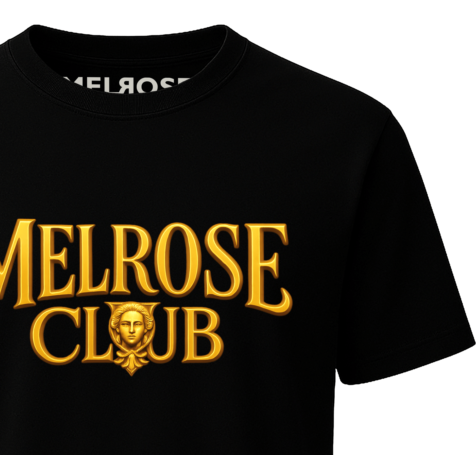 Melrose Club black t-shirt featuring a regal emblem graphic tee design in gold lettering