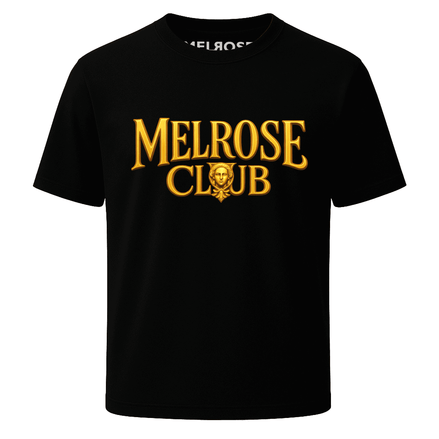 Melrose Club black t-shirt featuring a regal emblem graphic tee design in vibrant gold