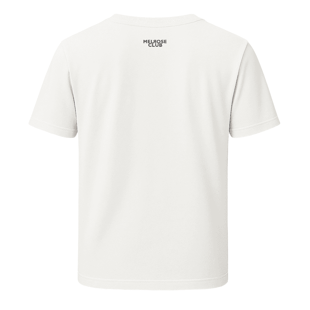 Melrose Club Shatter Tape design shirt in white with a simple back logo