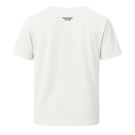 Melrose Club Shatter Tape design shirt in white with a simple back logo