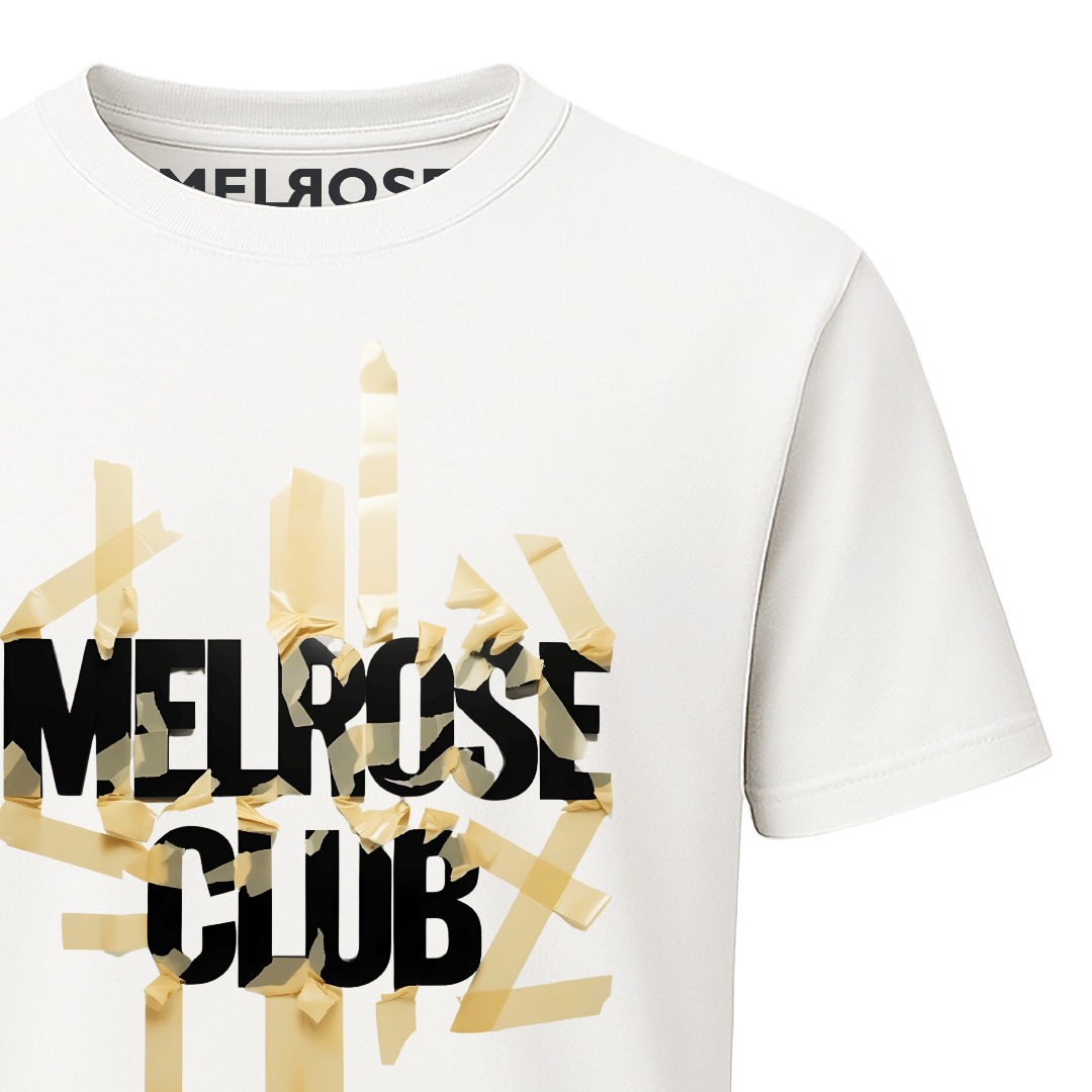 Melrose Club Shatter Tape design shirt featuring bold graphics on a white background