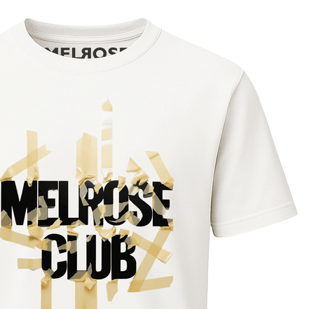 Melrose Club Shatter Tape design shirt featuring bold graphics on a white background