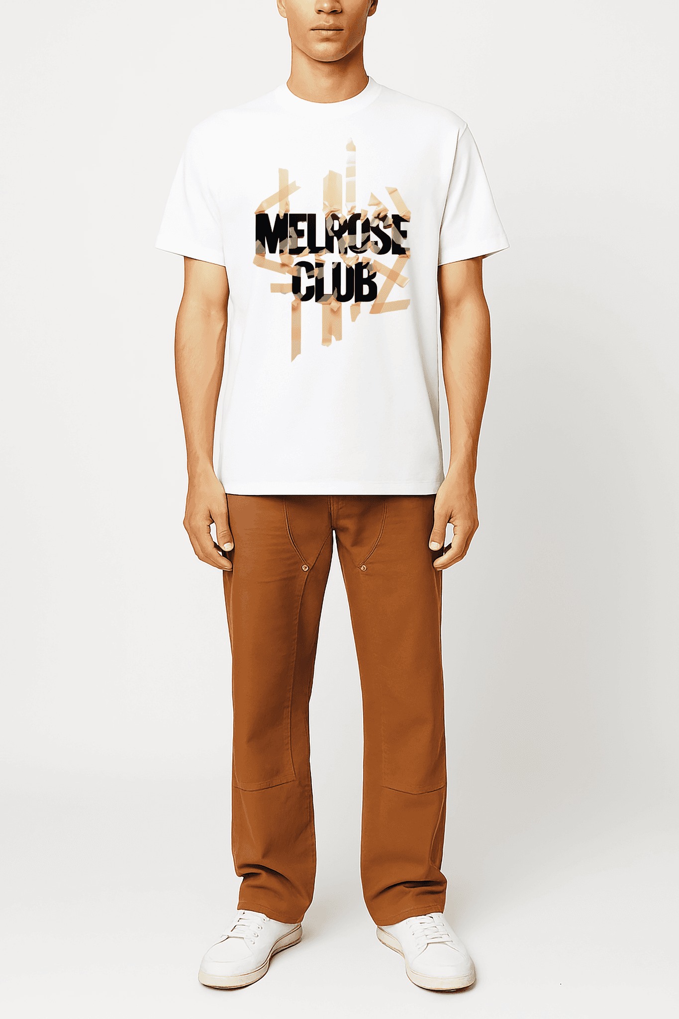 White Melrose Club shirt featuring a bold Shatter Tape design for a trendy streetwear style