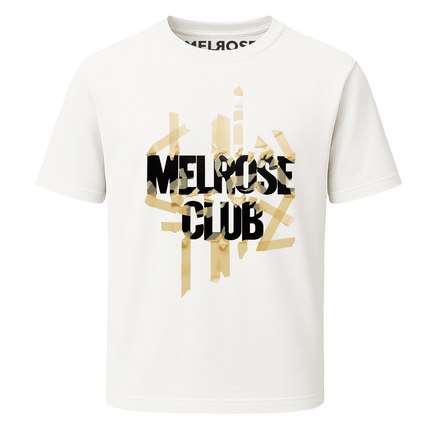Melrose Club Shatter Tape design shirt in white featuring a bold logo and graphic pattern