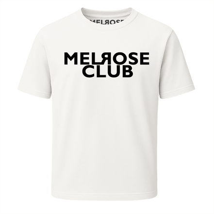 Melrose Club signature t-shirt white with bold black logo on front and short sleeves