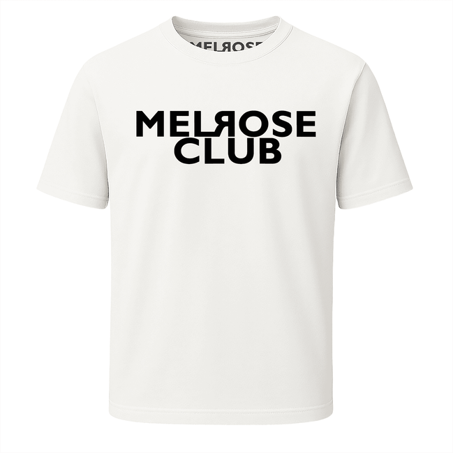 Melrose Club signature t-shirt white with bold black logo on front and short sleeves