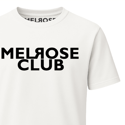 Melrose Club signature t-shirt white with bold black logo print on front and crew neckline
