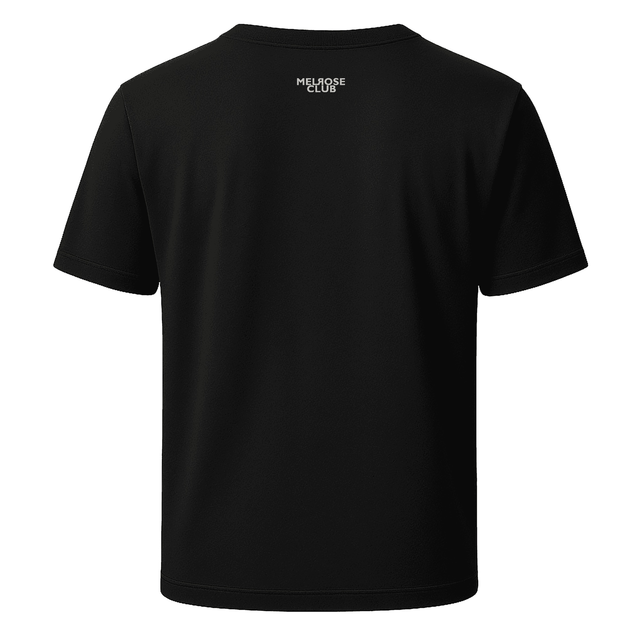 Back view of Melrose Club signature tee black with short sleeves and small white logo on upper back