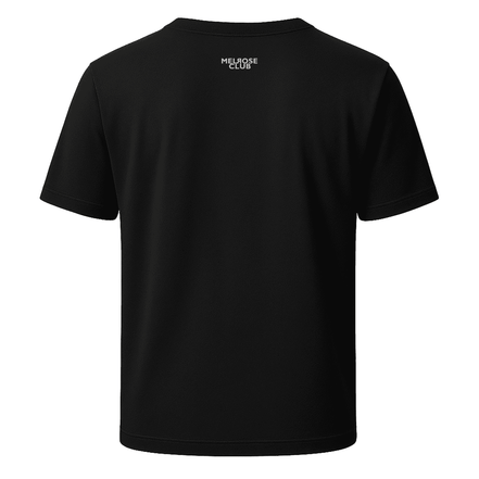 Back view of Melrose Club signature tee black with short sleeves and small white logo on upper back
