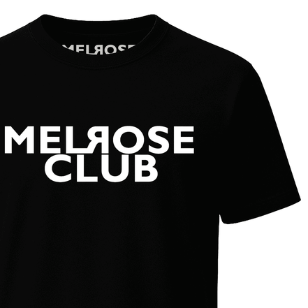 Melrose Club signature tee black with bold white logo on chest and classic crew neck design
