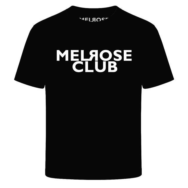 Melrose Club signature tee black with bold white logo print on front in classic crew neck design