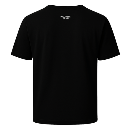 Back view of Melrose Club black swan paradise print T-shirt for casual wear